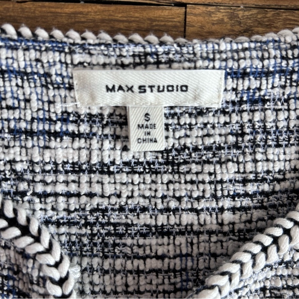 MAX STUDIO Cardigan Blazer Textured Tweed Braided Pockets Blue, black white blue - Picture 3 of 10